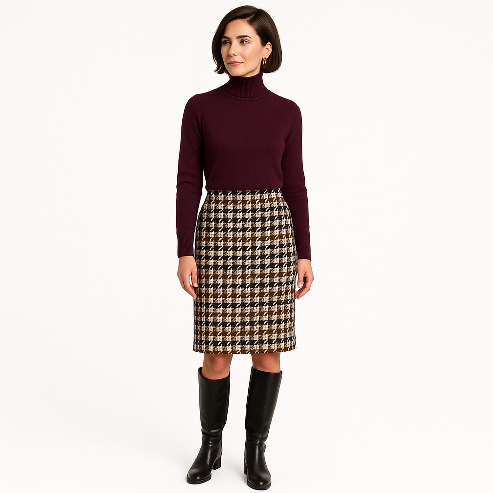 Vintage Wool Houndstooth Pencil Skirt, Cream, Tan, Black, Plum Purple, Size 4